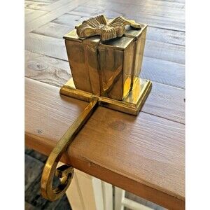 Vintage Brass Gift Box with Lid Christmas Stocking Holder Long Arm Heavy 3D